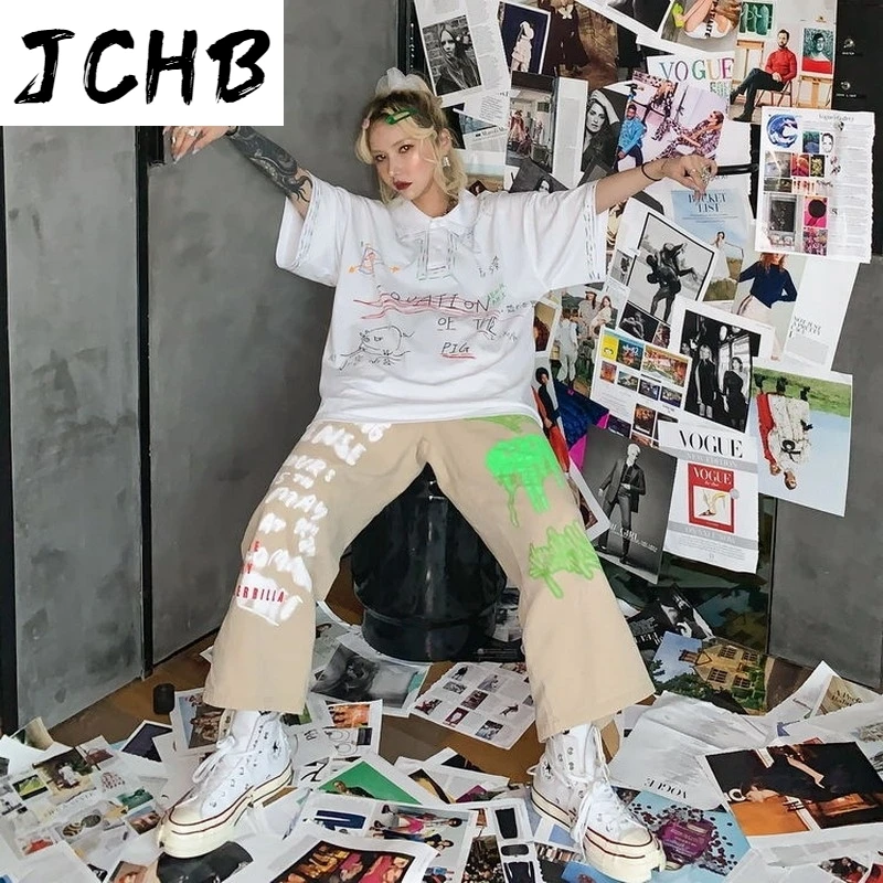 

2021 Trousers Women Harajuku Graffiti Letters Printing Wide-leg Pant Korean Summer Loose High Street Hip-hop Casual Nine-point P