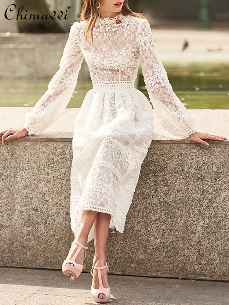 

European style 2021 New High-end French Fairy Long Lace Dress Slim Fit High Waist Long Sleeves Elegant Dress Autumn