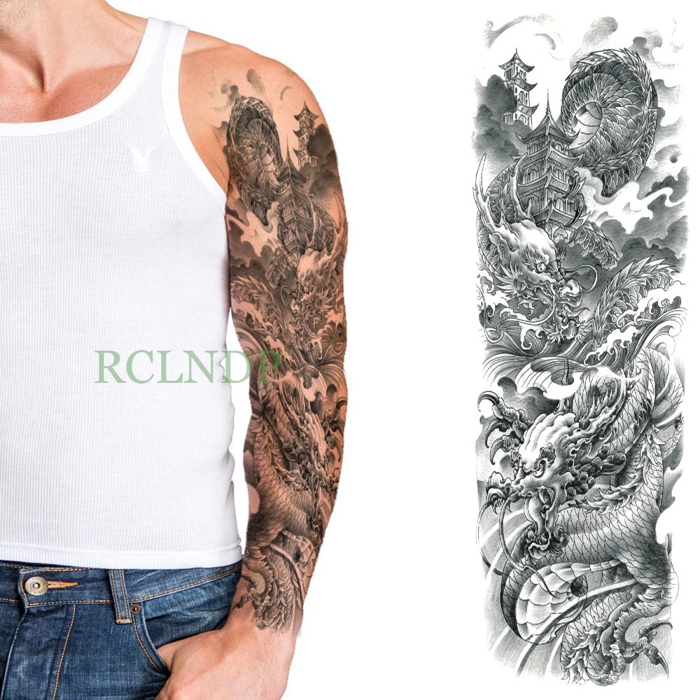 

Waterproof Temporary Tattoo Sticker dragon Chinese style Pagoda full arm large size fake tatto flash tatoo sleeve for men women