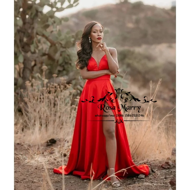

Sexy Red Cheap Long Prom Dresses 2021 A Line High Split Simple Satin Vestido De Fiesta Largos Formal Graduation Evening Gowns