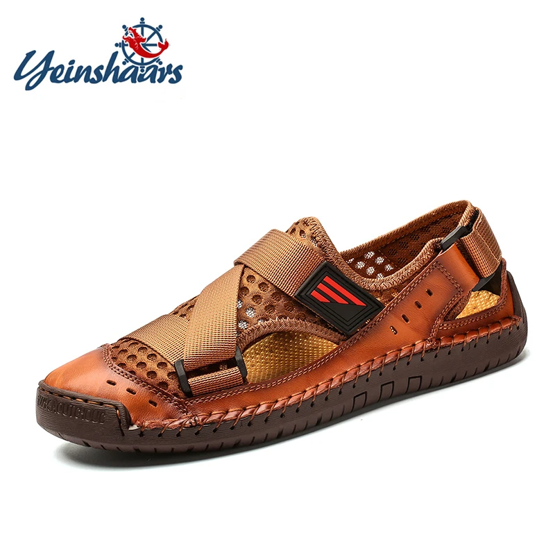 

YEINSHAARS New Summer Men Breathable High Quality Leather Sandals Man Flats Fashion Casual Beach Men's Shoes Plus Size 39-48