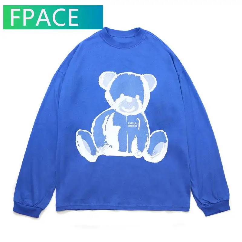 

FPACE Streetwear Tshirts Harajuku Cartoon Bear Print Long Sleeve Tees Shirts Hip Hop Fashion Loose T-Shirt Cotton Casual Tops