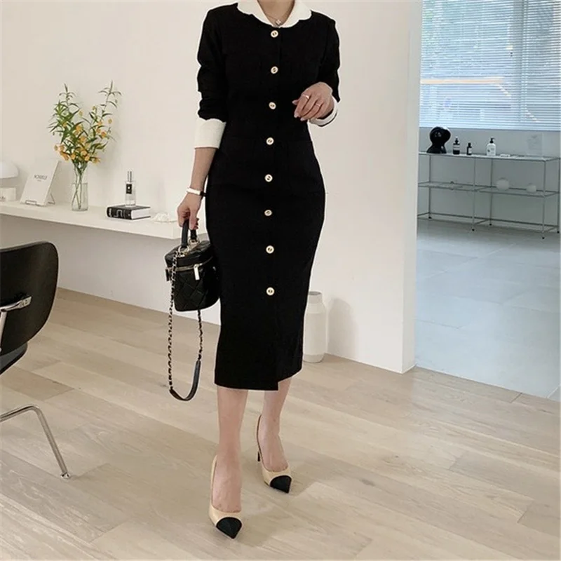 

One-Piece French Office Knit Midi Dresses 2020 Autumn New Sweater Dress Women High Waist Korean Chic Solid Elegant Ladies Dress