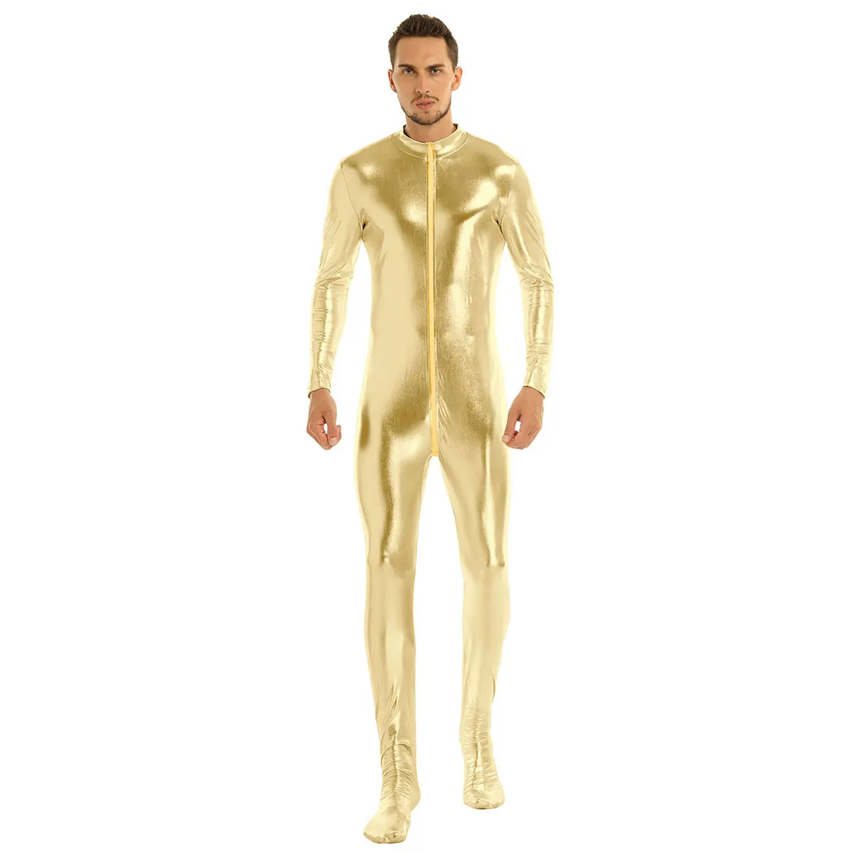 Gold iiniim Mens Body Sexy Teddies Shiny Metallic Club Bodystocking Closed Toe Stretchy Full Body Leotard Bodysuit Clubwear Costumes - Цвет: Gold