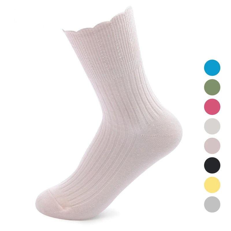 Four Seasons Loose Women Socks In Tube Cotton Ruffle Design Colorful Solid Color Cute Girl Socks Breathable Sweat Absorbent