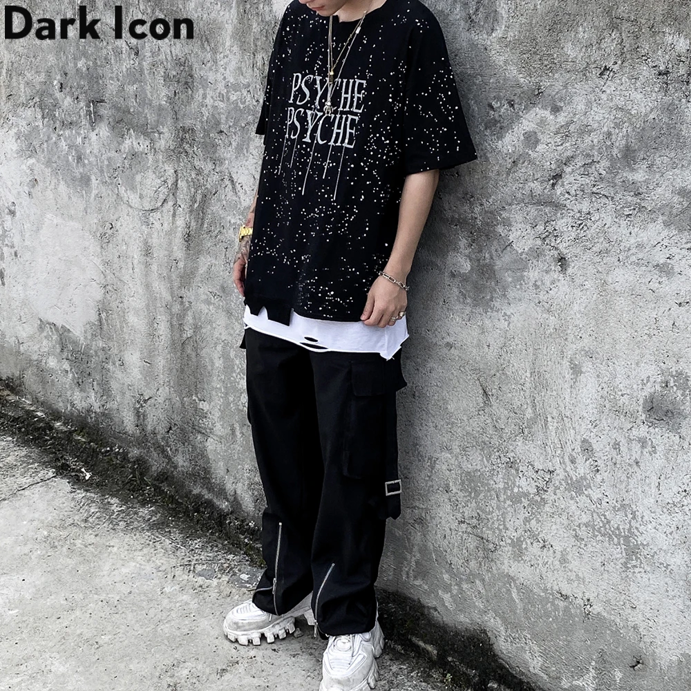 

Dark Icon Foil Painting Irregular Hemline Men's T-shirt Round Neck Oversized Tshirt Hip Hop Tee Shirt