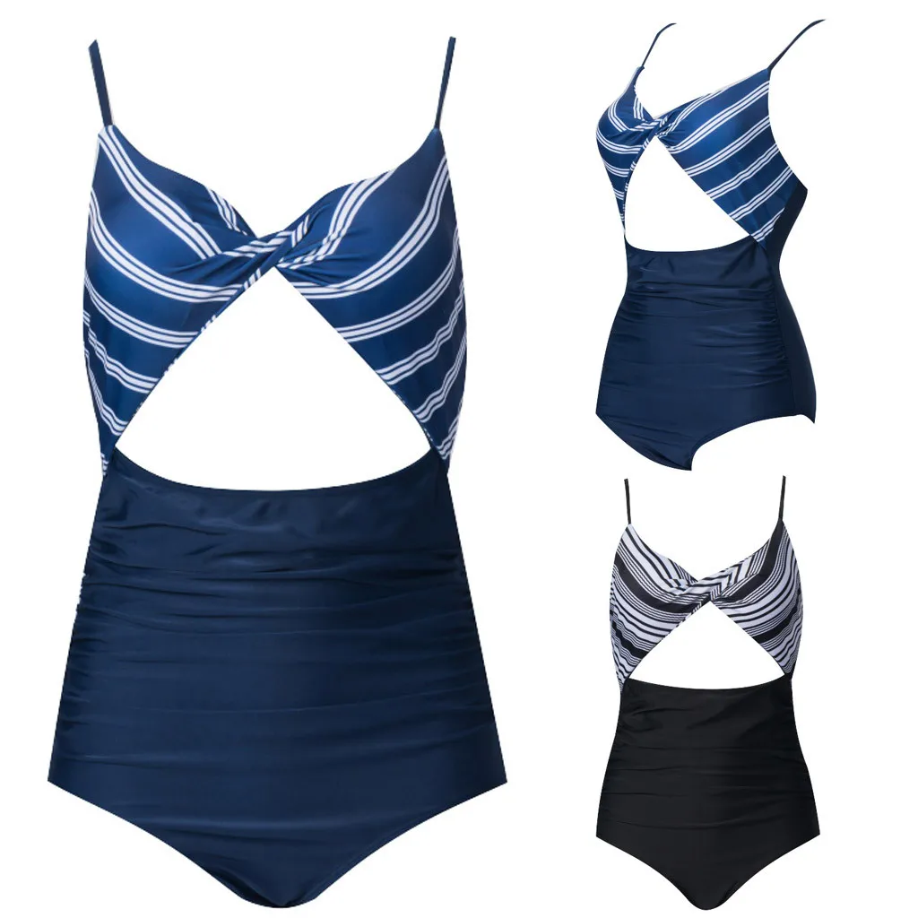Цельный женский сексуальный купальник пляжная одежда в полоску с открытой