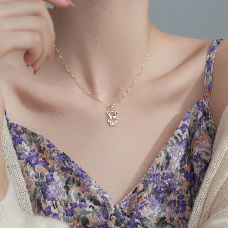 

Pendant Necklace Jewelry Fashion Bear Necklace for Women Zircon Inlaid with Pearl Collares Gold-chain Top Grade Quality Gift