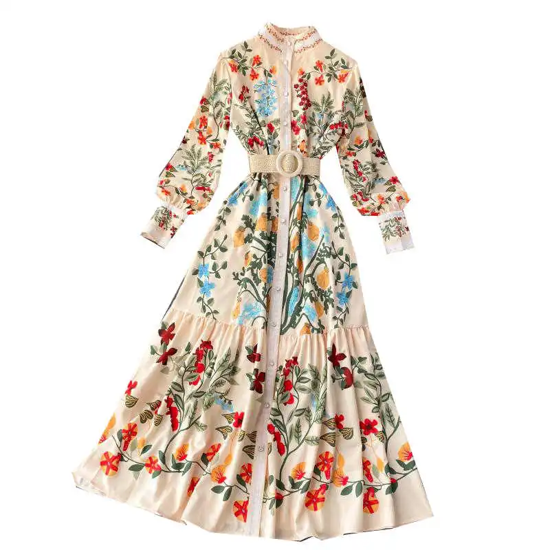 

New stand collar 2020 breasted women's temperament print dress wind waist court dress autumn dress thin