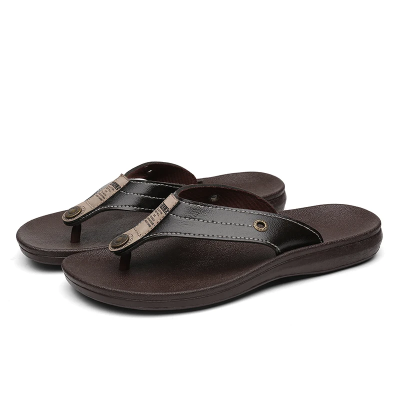 Шлепанцы мужские кожаные пляжные сандалии на плоской подошве сланцы пляжная