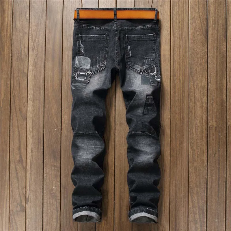 

KIOVNO Vintage Men's Ripped Slim Jeans Pants Distressed Patchwork Denim Trousers For Male High Street
