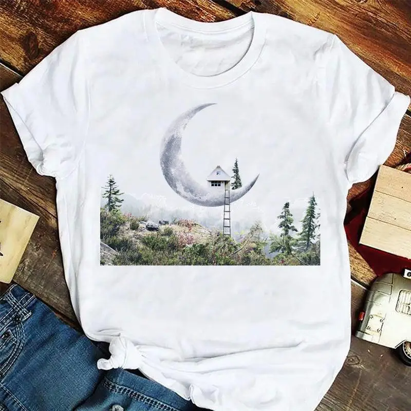 

Women Fashion Short Sleeve Moon Forest Cartoon Summer Tshirts Fashion Clothes Stylish T Top Lady Print Sweet Tee T-Shirt