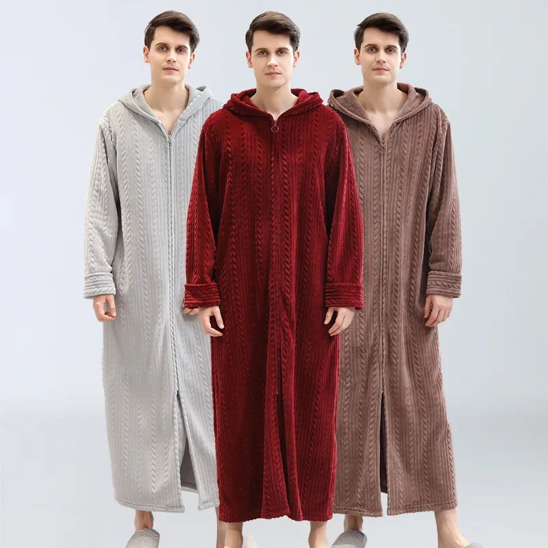 BALDAUREN European/American Men's Plus Fertilizer Winter Flannel Nightgown Velvet Zipper Hooded Bathrobe Home Clothes Robe