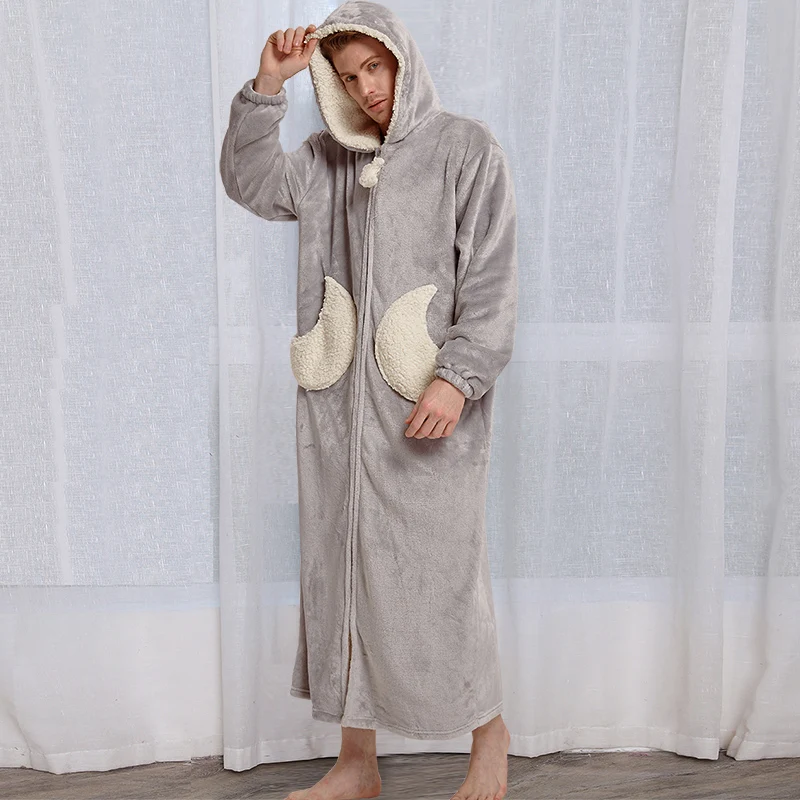 Men Moon Grey Женское длинное теплое Фланелевое кимоно больших размеров, банный халат с капюшоном и рисунком звезды и Луны, флисовый банный халат, милое Ночное платье, Мужская одежда для сна - Цвет: Men Moon Grey