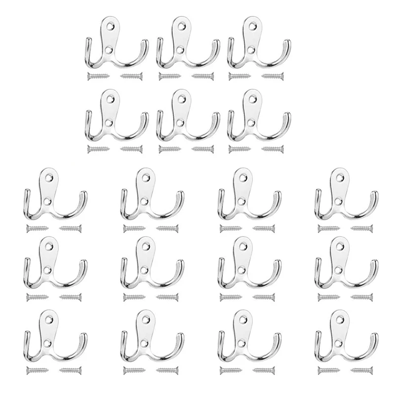 

New 18 Pcs Double Prong Robe Hooks with 36 Screws,Dual Coat Hooks Wall Mounted Hanger,for Bathroom,Bedroom,Door,Wall,Silver