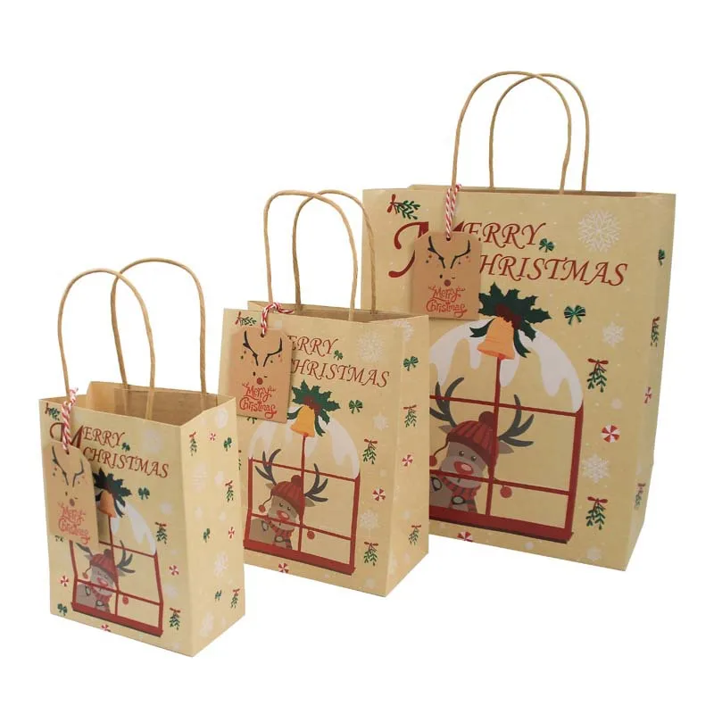 

New Christmas Gift Bag Kraft Paper Square Bottom Packaging Paper Bag with Rope Elevator Christmas Tote Bag Party Favors