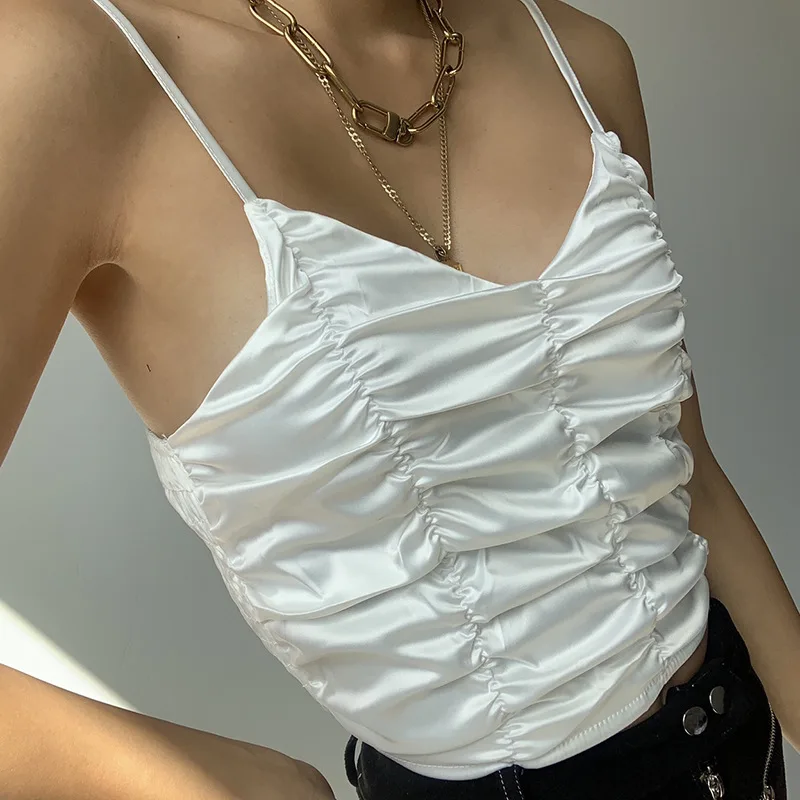 

2021 Summer New Women's Street Hot Girl Style Pleated Olive Satin Slim Vest
