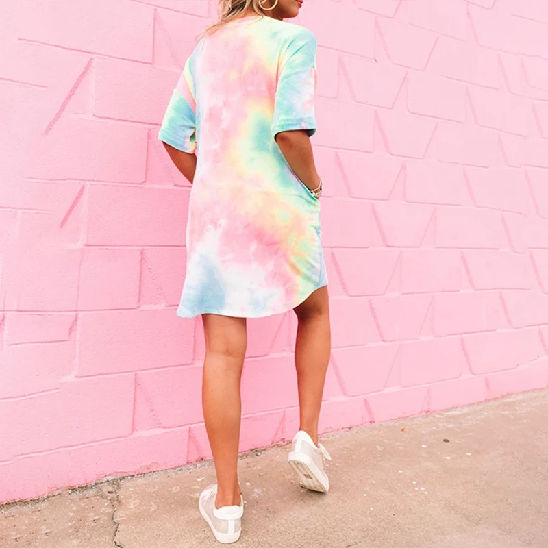 

Summer Dresses for Women Holiday Beach T-Shirt Fashion Pocket Sundress Tie Dye Printing O-neck Ladies Dress Women's 2020