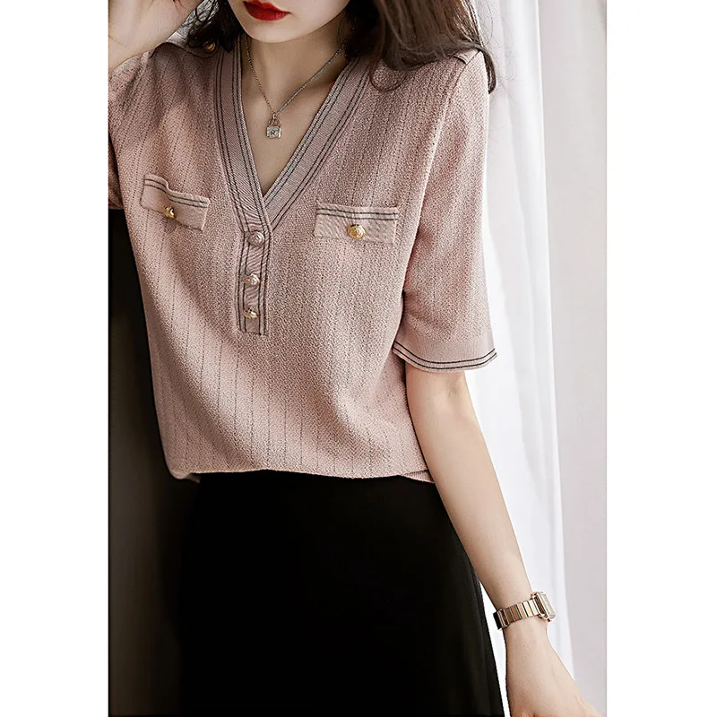 

New Summer Cool Silk Knitted Women Sweater Pullover V Neck Short Sleeve Fashion Buttons Thin Stripe Ladies Loose Tops 2021