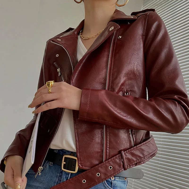 Korean Streetwear Fashion Wine red Short PU Leather Jacket Women  Vintage Slim Long-sleeve Motorcycle Biker Jacket Spring Casual enlarge