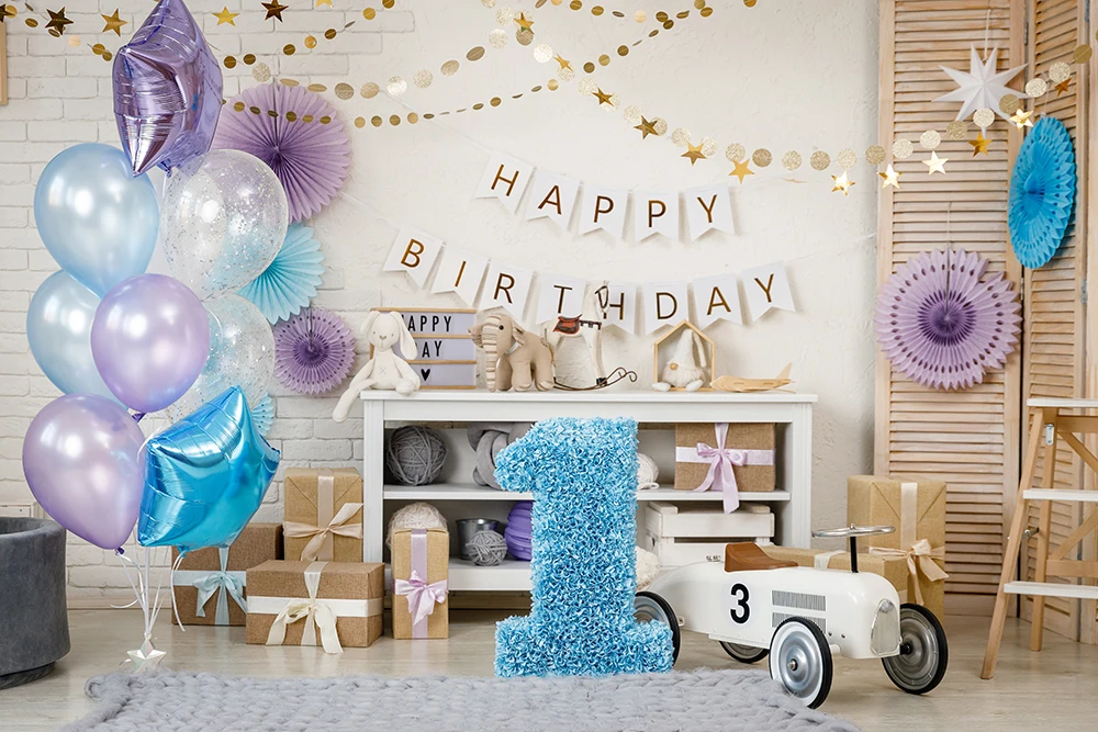 1st birthday backdrop for 1 year baby boy diy photo at home one blue balloons toys cake smash photography background photoshoot