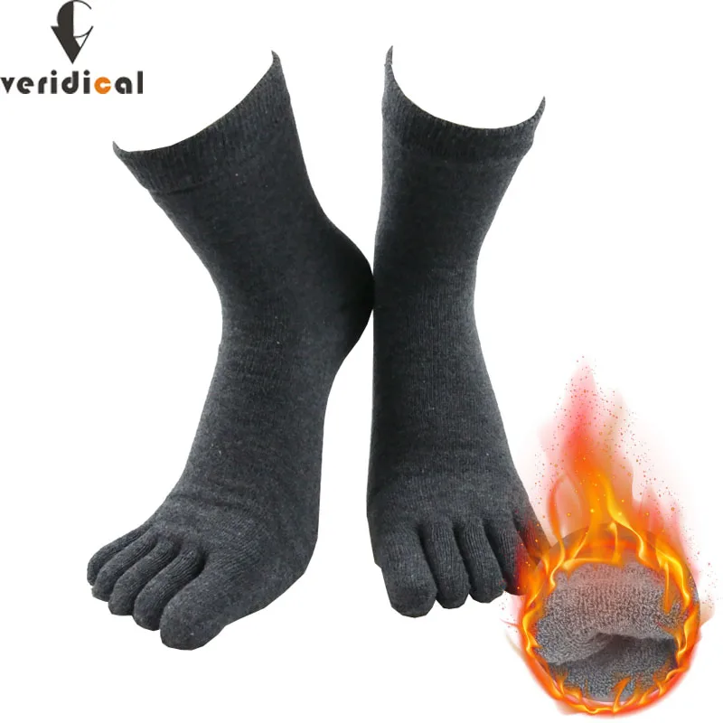 Veridical Winter Terry Five Finger Socks With Toes Thermal Warm Cotton Solid Short Business Breathable Soft Elastic Men Socks