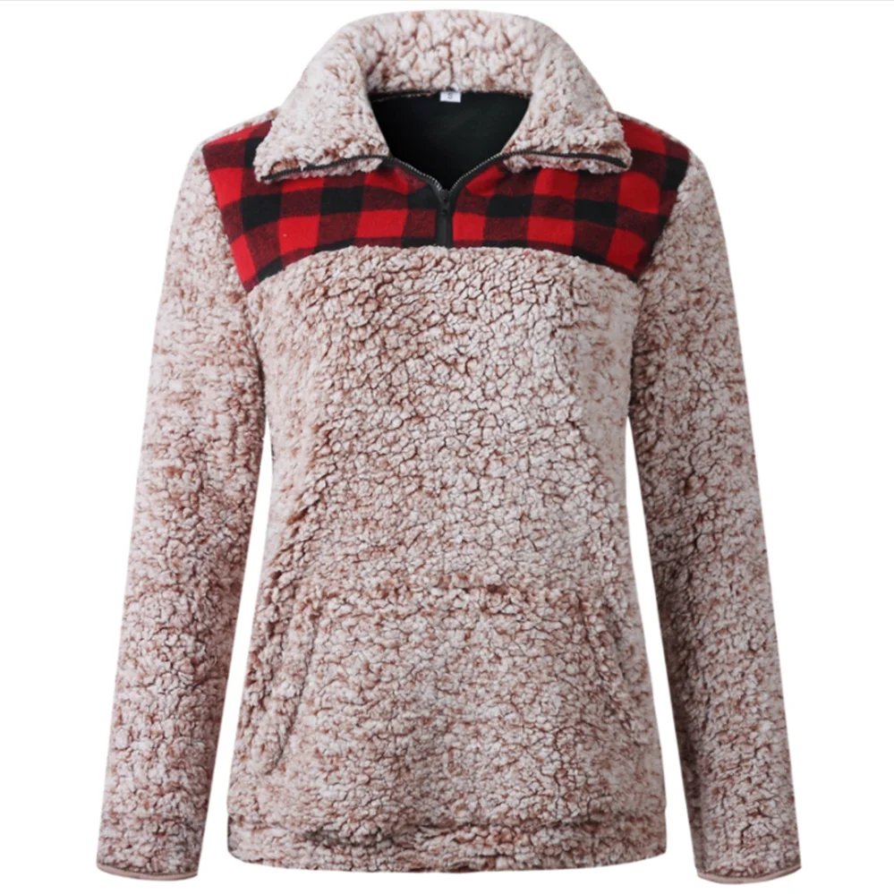 Женский осенне зимний модный клетчатый свитер с карманами и длинными рукавами