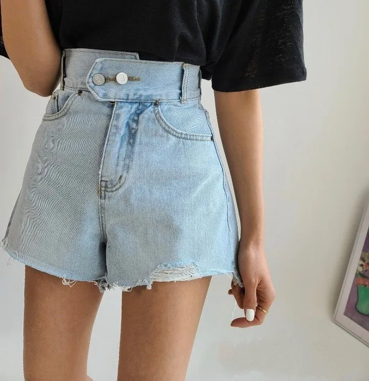 

2021Ladies Summer High Waist Two Buttons Washed Raw Edge Denim Shorts Women booty shorts women shorts women high waist