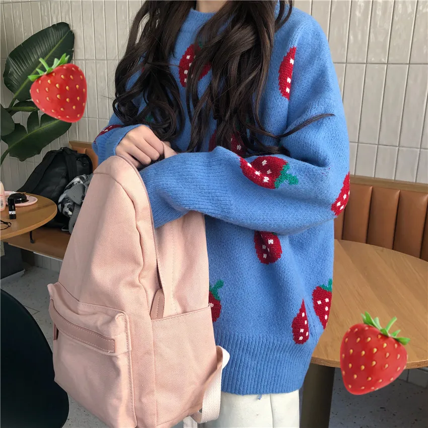 Корейский вязаный свитер Харадзюку С клубничным принтом женский милый