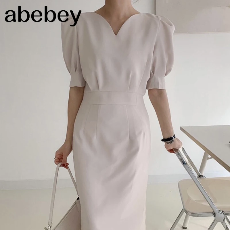 

New Summer Women Temperament All-match V-neck puff sleeve Dress ruched waist slim split Dress 2021