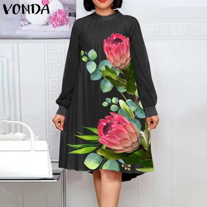 

Женское платье 2022 VONDA, Женский Повседневный праздничный сарафан с рисунком, мешковатое платье с длинным рукавом, женское платье большого ра...