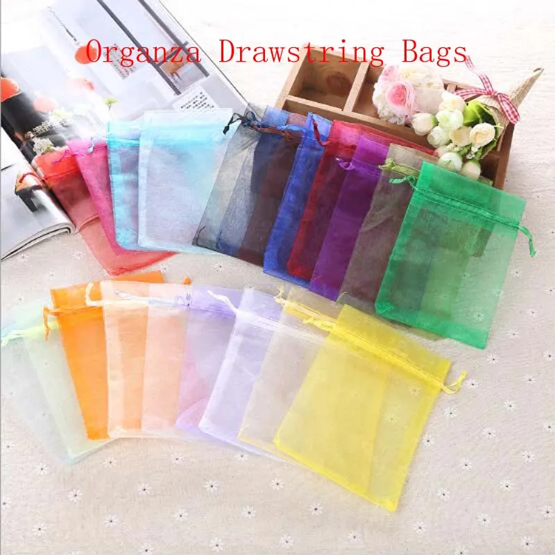 100pcs/Lot Organza Drawstring Bags 5x7 7x9 9x12 10x15cm Jewelry Packaging Bags Wedding Christmas Birthday Gift Packing Pouces