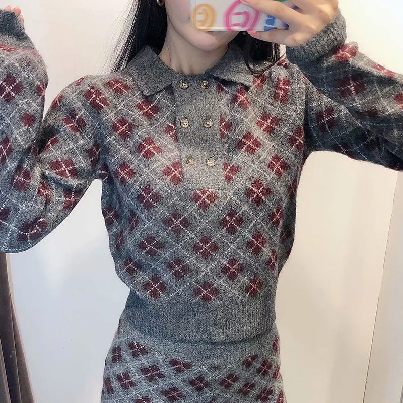 Evfer Autumn Women Casual Argyle Gray Za Knitted Pullover Sweaters Feamel Fashion Double Breasted Turndown Collar Polo Sweater | Женская