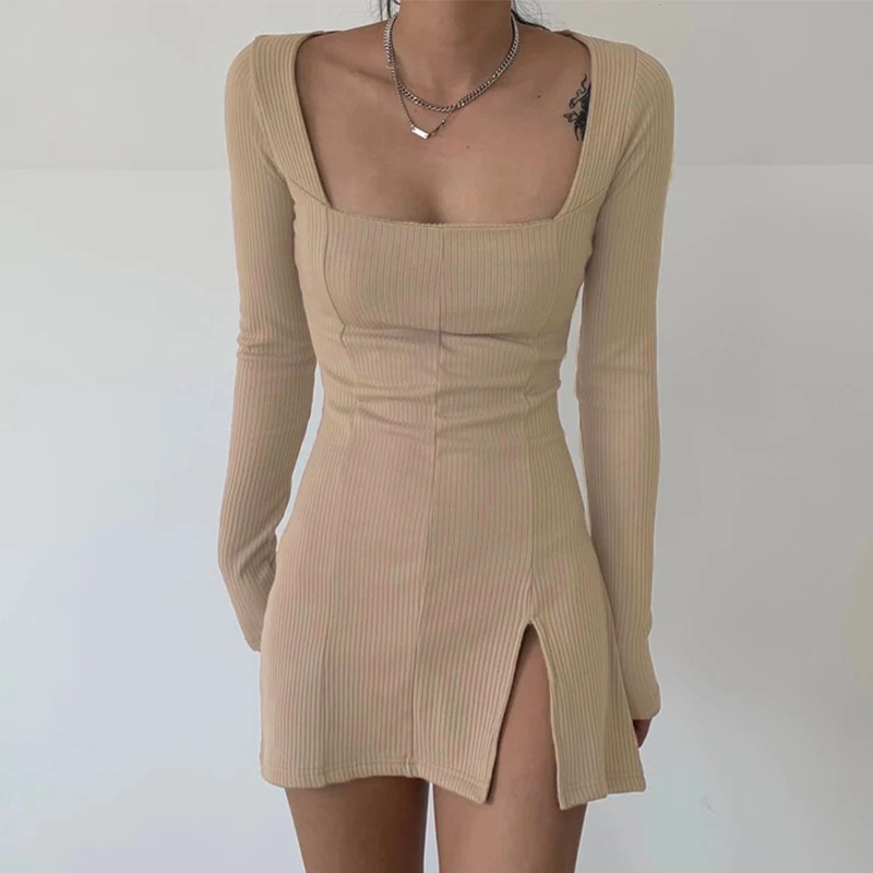 

Club Split Side Solid Bodycon Mini Dress Women Square Collar Ribbed Harajuku Short Dresses Khaki Long Sleeve Korean French Style