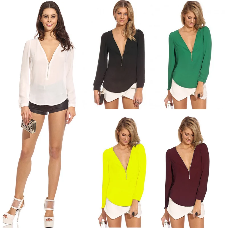 Новый стиль модная женская шифоновая блуза с v образным вырезом и длинным рукавом