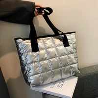 female diamond lattice space cotton shopper handbag big large winter womens tote bags with zipper blue gold silver shoulder bag