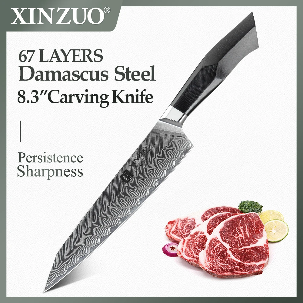

XINZUO 8,3 "Нож для нарезки ножей 67 слоев VG10 Дамаск Сталь Новые Высокое качество Кухня Ножи черный G10 + мозаика латунь заклепочная рукоять
