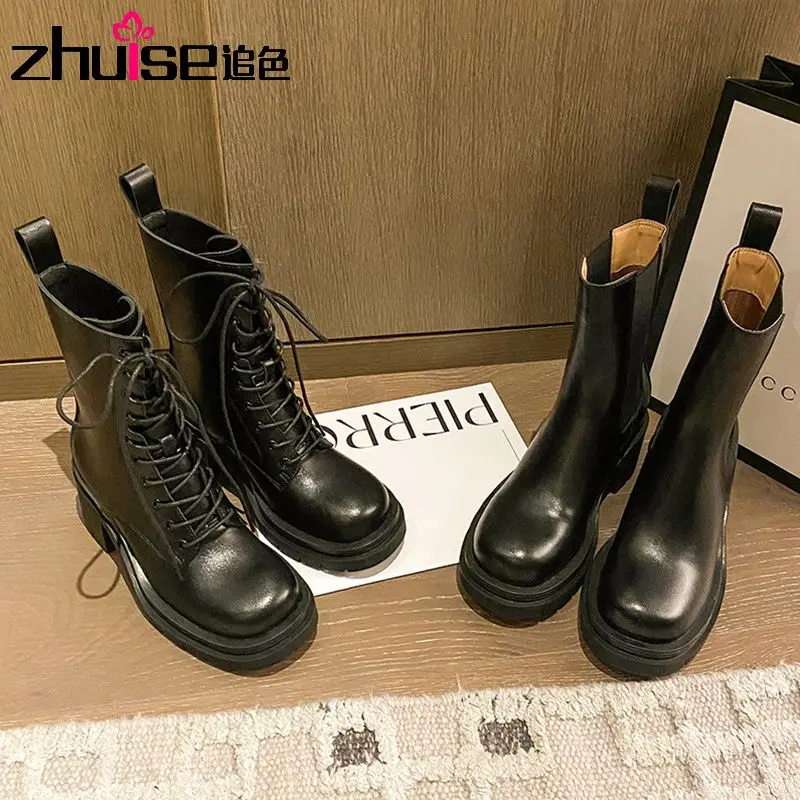 

2021 new leather riding boots, thick-soled high-heeled thick-heeled mid-tube Chelsea smoke tube boots