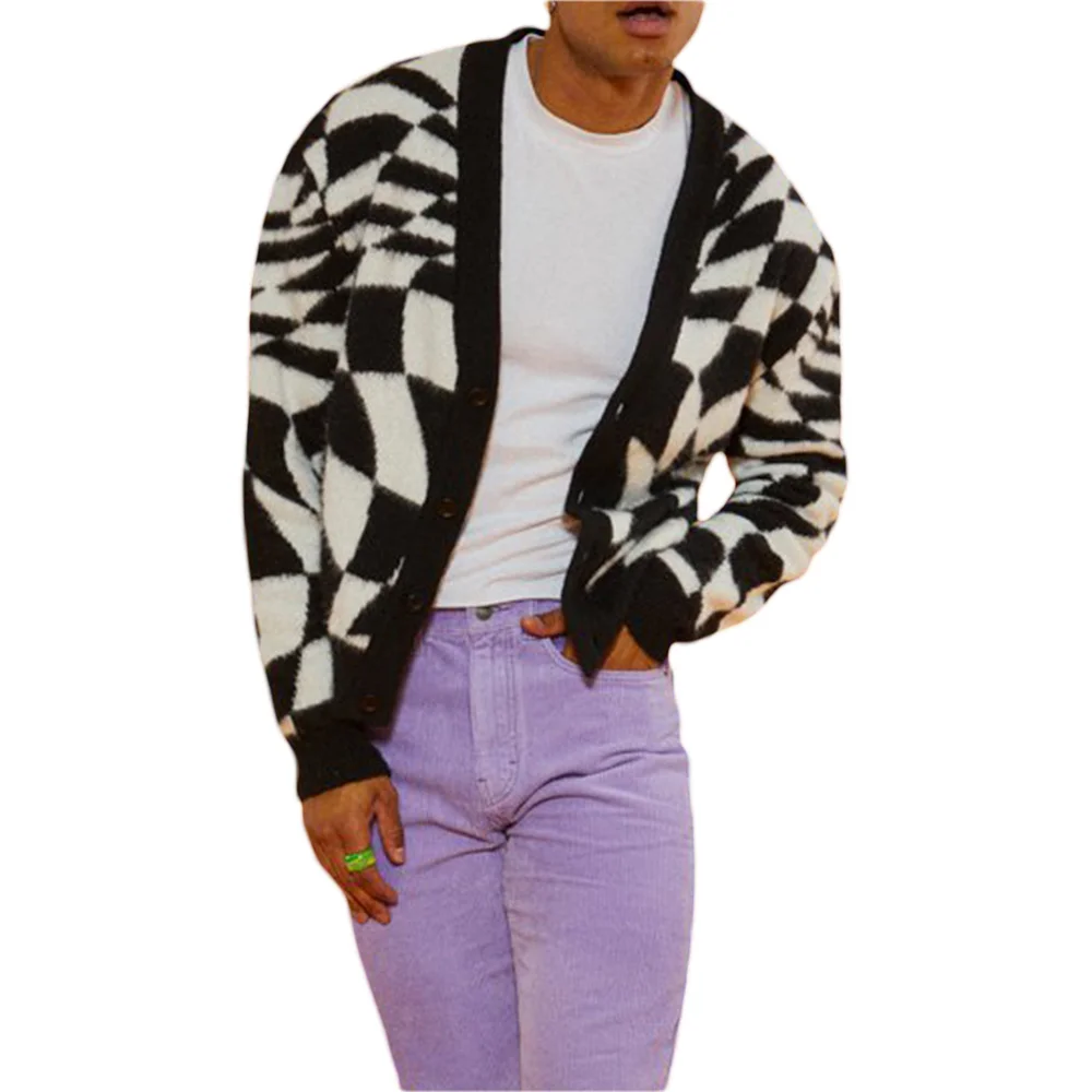

2021 Fashion Checkerboard Sweater Men Brand Button Cardigan Irregular Long Sleeve Loose Knitted Sweater Argyle Couple Cardigans