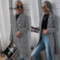 winter 2021 new mid length coat houndstooth pattern printed coat casual double breasted coat women
