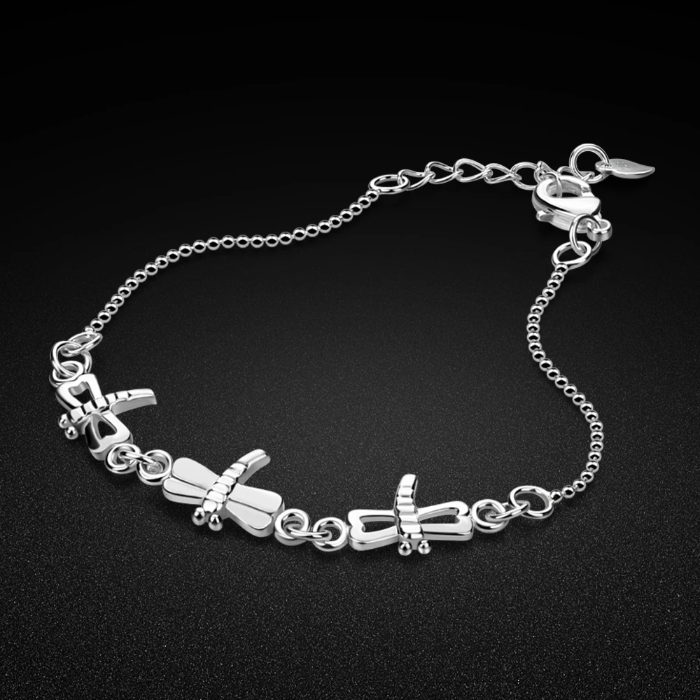 Браслет на ногу женский из серебра 925 пробы с подвеской стрекозой|Гибкие и