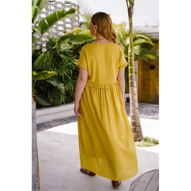 Женское повседневное длинное платье с оборками желтое Элегантное макси-платье