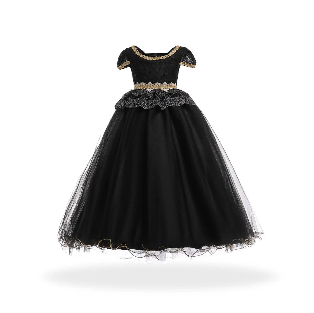Free Shipping Full Lenght Children Party Dress 2021 New Arrival Black Girl Dresses Pageant Lace Applique Gold Kids Evening Gowns |