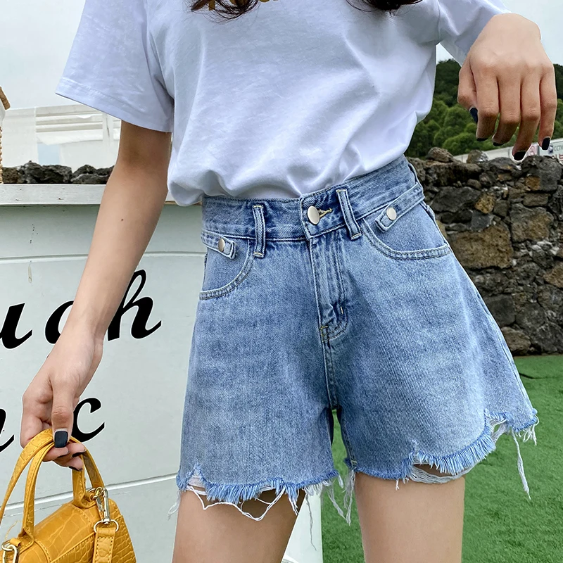 GUUZYUVIZ Blue Hot Pants Jeans High Waits Denim Short Feminino Hold Tassel Korean Summer 2020 Loose Plus Size | Женская одежда