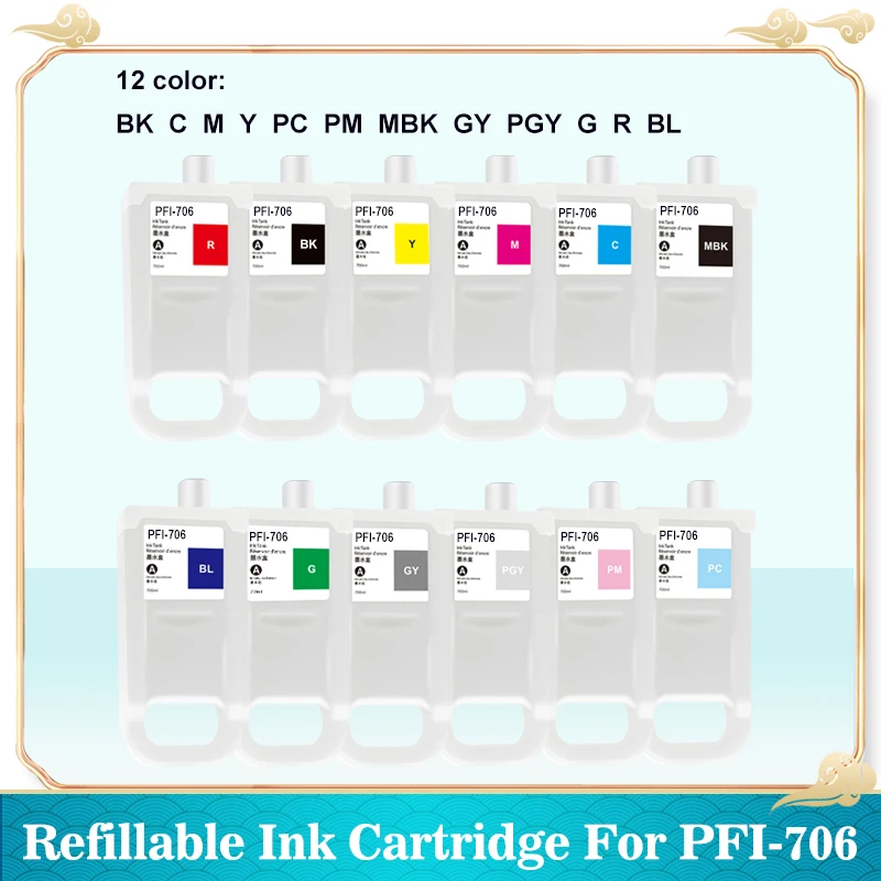 

12PCS PFI-706 PFI 706 Empty Refillable Ink Cartridge With Chip for Canon iPF8400 iPF9400 iPF8410 iPF9410 IPF 8400 9400 8410 9410