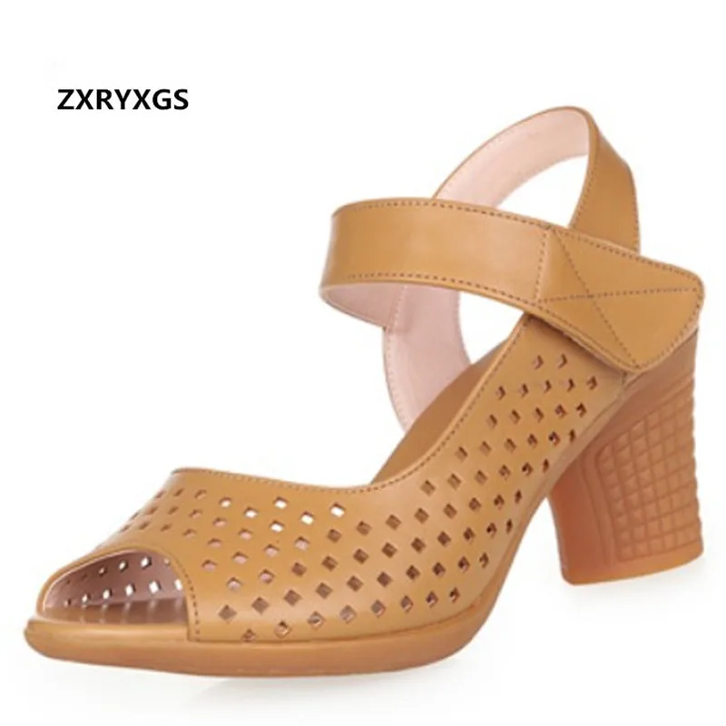 

New Fish Mouth Soft Cowhide Breathable Leather Sandals Summer Women's Sandals Comfort Elegant High Heel Sandals Casual Sandals