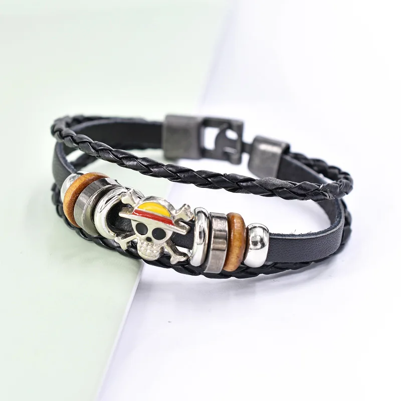 

One Piece Anime Luffy Pirate Bracelet Japan Cartoon Action Figure Toy Punk Black Leather Braided Punk Rock Bangles Bracelet Gift