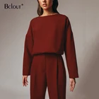 Рубашка Bclout Женская однотонная с круглым вырезом, модная Повседневная Блузка с длинным рукавом, базовая уличная одежда, топы на осень и зиму