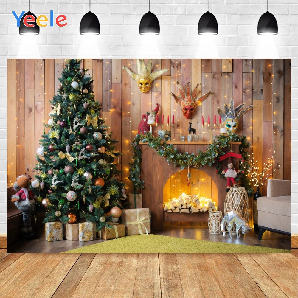 Фон для фотосъемки с изображением деревянного дома камина игрушки Санта