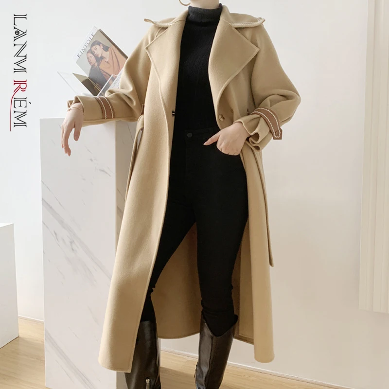 

LANMREM 2021 Autumn Winter New Double-sided Solid Color Wool Coat Women Lapel Bandage Waist Coats Female Fashion Luxury 2W878